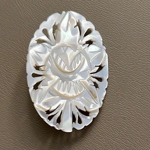 White Oval Carved Mother of Pearl Flower Brooch